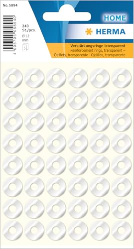 Herma 5894 Hole Reinforcement Rings Clear, 240 Labels, Ø 12 mm, 48 Labels per Sheet, Self Adhesive Hole Reinforcer Stickers, Sticky Hole Punch Reinforced Ring Stickers