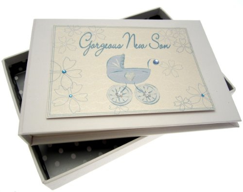 White Cotton Cards - Mini album portafoto per il nuovo bebè, motivo passeggino azzurro per maschietto