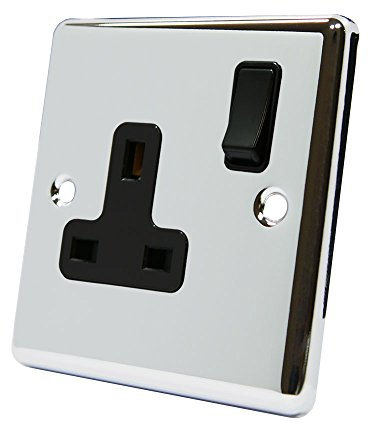 AET CPC1GSOCBL 13 A 1-Gang Polished Chrome Classical Single Plug Socket with Insert Plastic Rocker Switch
