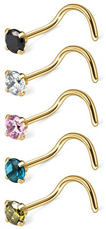 Ruifan 20G Surgical Steel Gold Plated With Mix Color 3mm (0.01 ct. tw) Diamond Cubic Zirconia Crystal Nose Twist Screw Ring Piercing Jewelry Pack of 5