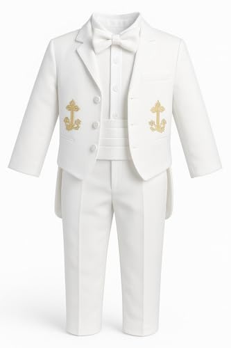 iGirlDress Baby Boys White Baptism Christening Mandarin Collar Tail 5 pcs Tuxedo with Gold Cross Embroidery (12-18M)
