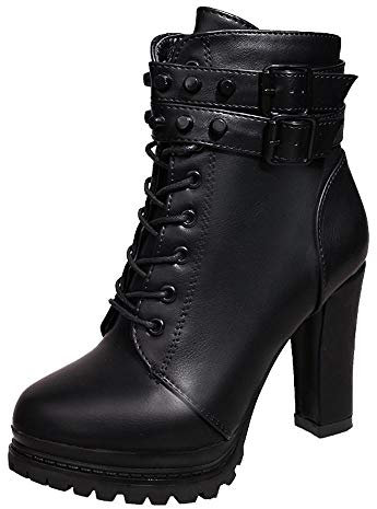 Logobeing Zapatos de Tacón Alto Botas Mujer Invierno Martain Boot Zapatos con Cordones de Cuero Botines Mujer Tacon Plataforma Zapatos (40,Negro)