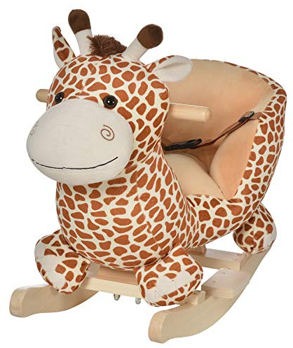 HOMCOM Caballito Balancín Bebé +18 Meses Balancín Peluche Madera con 32 Canciones Cinturón de Seguridad Girafa de Peluche 60x33x45cm
