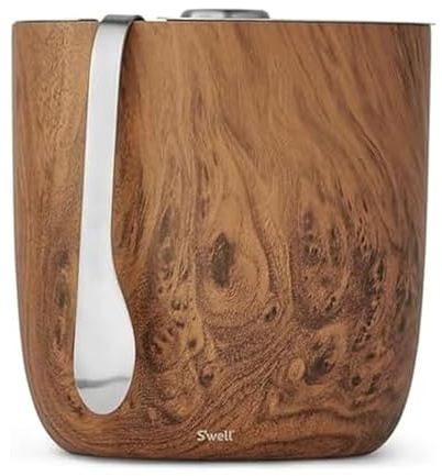 S’well Stainless Steel Ice Bucket with Tongs, 68oz Capacity, Teakwood Pattern Finish, Triple-Layer Vacuum Insulated to Keep Ice Colder Longer, BPA-Free Barware