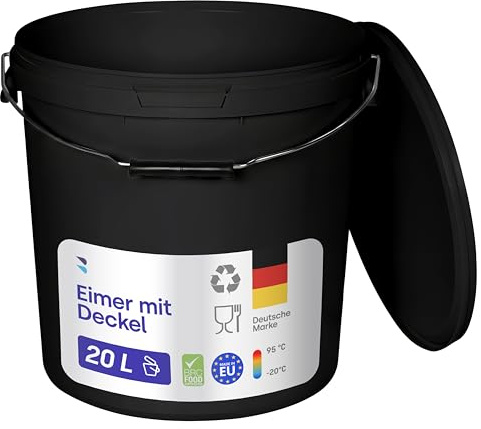 BenBow Cubo con Tapa 20L Negro 20x 20 litros -Seguro para los Alimentos, Estable, hermético, a Prueba de Fugas - contenedor de Almacenamiento de plástico, con asa de Metal - vacío