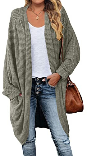 MEROKEETY Women's 2025 Fall Waffle Knit Batwing Long Sleeve Cardigan Loose Open Front Sweater Coat, Olive, Large
