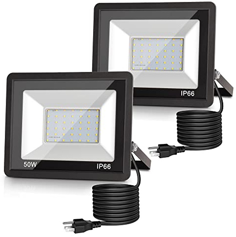 L LOHAS LED Dusk to Dawn Floodlight Outdoor, 50W Auto On/Off 6000K Daylight Plug in Flood Lights, IP66 Waterproof Work Light, 2300LM Security Lights for Yard, Garage, UL Listed, 2Pack