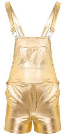 RUNQHUI Mens Metallic Dungaree Shiny Bib Overalls Suspender Straps Shorts for Nightclub Party Costume Clubwear Gold XL