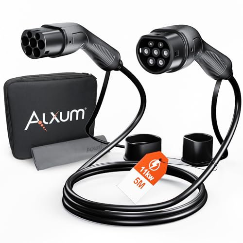 Alxum Type 2 Câble de Recharge, 11kW/16A/5M 3-Phases Type 2 à Type 2 Cable de Charge pour Voiture Electrique avec Sac de Transport Compatible avec IEC-62196-2 EV/PHEV