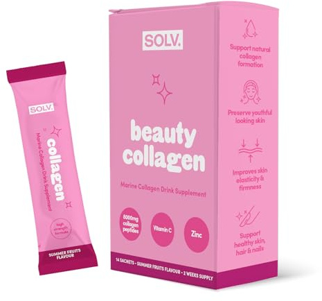 Solv Liquid 8000mg Marine Collagen Peptide Beauty Supplement Gel 14x15ml Sachets High Strength Great Tasting Vit C Biotin. For Skin, Hair, Nails. Firmness, Elasticity Menopause Support (Summer Fruits)