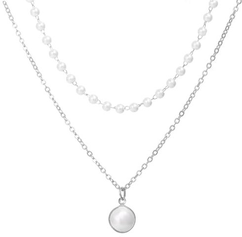 Wnddle Perlenkette, Layered Damen Kette, Damen Perlenkette, Damen Layered Kette Silber, Damen Weiße Perlen Halsketten, weiße perlenkette mit Anhänger für Frauen und Mädchen Geschenke.