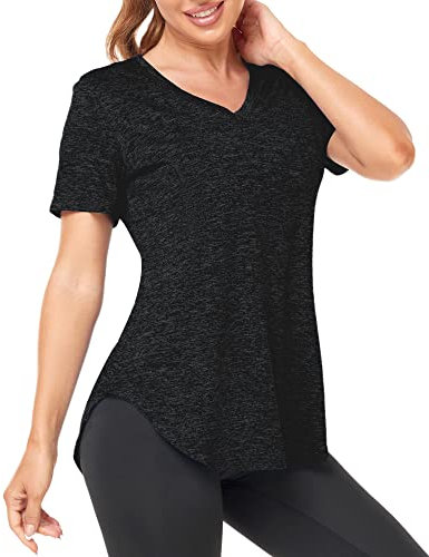 Deaviya Women's Sports T-Shirt Gym Tops V Neck UK, Short Sleeve Workout Top Running Yoga Shirts for Women, Activewear Short Tops, Dancing Exercise Tops Loose Fit, Quick Dry T Shirt Black