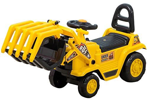 HOMCOM Sitzbagger, Aufsitzbagger mit Schaufel, Sound-Effekten, Hupe, Rutschauto, Trettraktor mit Stauraum, Kinderbagger für Kinder 3-4 Jahre, Schwarz+Gelb, 83 x 27 x 39 cm