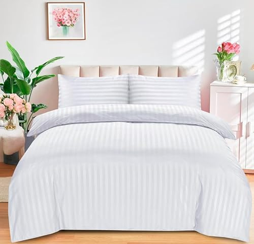 DTEX HOMES King Size Bedding Set Brushed Microfiber Satin Stripes Easy Care Duvet Cover with Pillowcases (White-King)