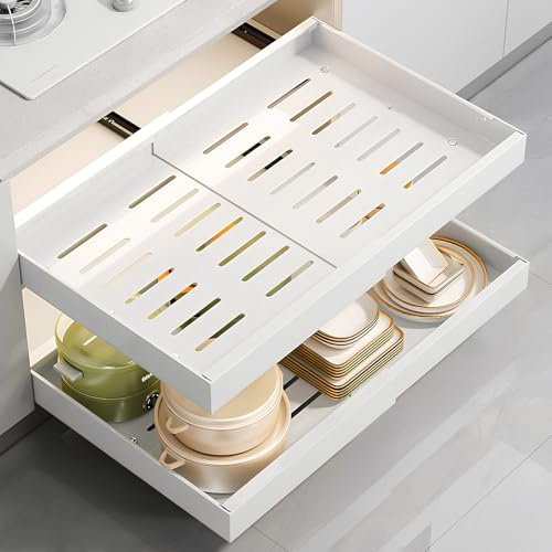 Dokeno Cajón Telescópico, Cajones Extraíbles para Armario de Cocina, Ampliable Cajón Deslizante Para Alacena, Organizador de Armario Extraíble Ancho Ajustable 32-52 cm, Adecuado para Almacenaje Cocina