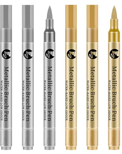Hukneqn 6 Pcs Acrylic Paint Pens, Gold & Silver Metallic Pens, 1-3mm Extra-Fine Tips, Waterproof, Fade-Proof Ink, Ideal for Fabric, Glass, Wood, Canvas, Ceramic, Porcelain, Rock Painting, Scrapbooking