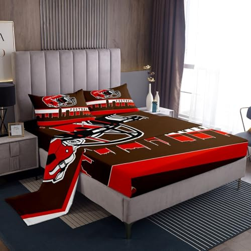 Erosebridal Personalized Football City Bed Sheets Set Queen Football Sheet Set for Boys Girls Brown Red Rugby Game Sheets Ball Fans Sports Ball Team Top Sheet