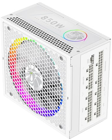 GAMEMAX RGB 850G WH Alimentation PC 850W entièrement modulaire, 80 Plus Gold, LLC + DC-DC, ARGB Sync, condensateurs Japonais, Ventilateur ARGB FDB 140 mm, 9 Protections, Garantie 10 Ans