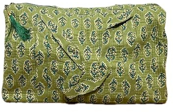 Genérico Bolso de mano algodón fabricado en India, Algodón Natural 100%, Múltiples Colores, Cierre de Cremallera (Verde Pistacho Flores)