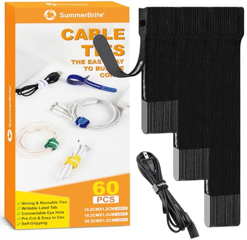 Summerbrite 60PCS Reusable Cable Ties Black Cable Straps Releasable Extension Hook and Loop Cable Tidy Straps Cord Management for Home&Office Accessories PC Wire(3 Mixed Sizes)
