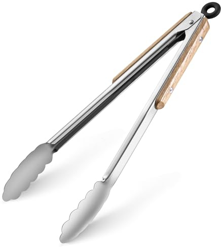 12-Inch Stainless Steel Kitchen Tongs for Cooking,Locking Metal Tongs with Oak Wood Handles,Cooking Tongs for Grilling,BBQ,Serving and Outdoor Barbecue,Heavy Duty,Heat-Resistant and Durable