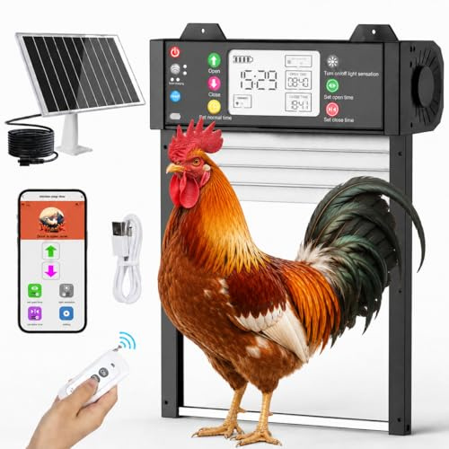 Shinmax Intelligent Solar Automatic Chicken Coop Door with WiFi App 2.4 GHz, Light Sensor, Timer, Anti-Pinch, LCD Display, 4000 mAh Rechargeable Battery
