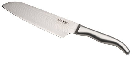 LE CREUSET Cuchillo Santoku, 18 cm, Hoja de acero damasco 18 y 8 con borde recto, Mango de acero inoxidable, Inoxidable, Inox, 98000218000100