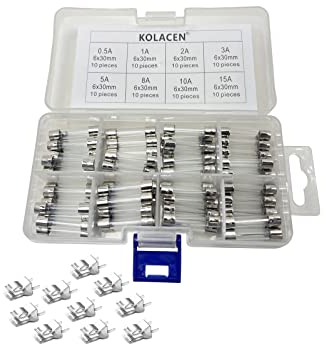 KOLACEN Schnelles fast-blow Glas Tube Sicherung 6 x 30 mm sortiert Kit 0,5 Amp 1 Amp 2 3 Amp 5 Amp 8 10 Amp 15 Amp (80 Stück) + 10 Stück Sicherungsclips Halter