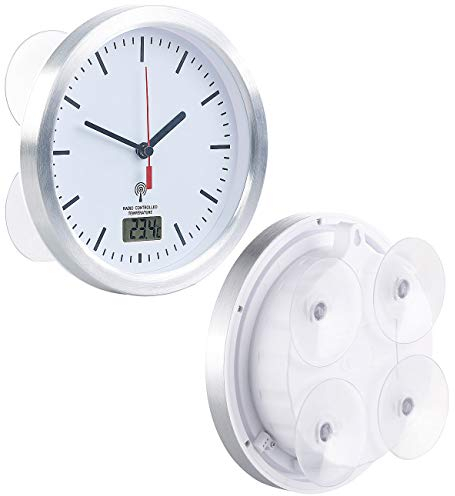 St. Leonhard Badezimmer-Funk-Wanduhr mit Thermometer & Saugnäpfen, Alu-Rahmen, IPX4