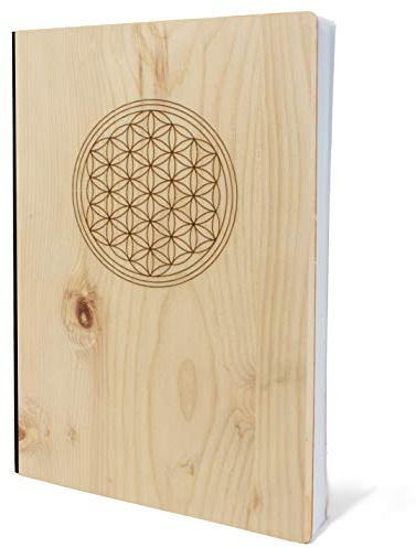 Notizbuch mit Holz Cover in A5 - BLUME DES LEBENS - Echtholz Notebook zum Reinschreiben Zirbenholz Holzeinband 192 blanko Seiten 90g