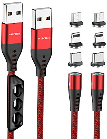 P-TECHUK Magnetic Charging Cable, Mobile Phone Charging Cable, Nylon Braided Magnetic charger cable. (2 x 1M cable, 6 tips, 1 x tip holder) (Red)