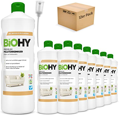 BiOHY Limpiador de Tapicerías Premium (12 botellas de 1 litro) + Dosificador | Concentrado para muebles tapizados, sofás, alfombras y textiles | quitamanchas que disuelven el olor (Premium Polster)