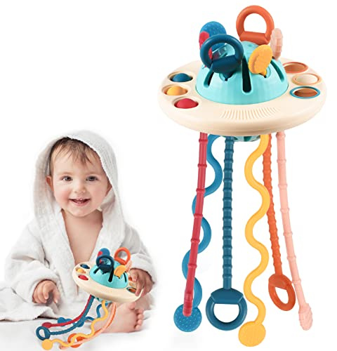 Kizmyee Baby Sensory Toys, Montessori Silicone Pull String UFO for Toddler | Food Grade Activity Toy travel toys