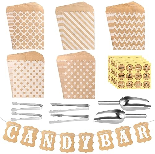 FIHODONE 72 pezzi accessori Candy Bar, contiene 60 sacchetti candybar e 4 pinze per zucchero, 2 paletta per ghiaccio e 60 adesivi, set di accessori per matrimoni, compleanni e feste