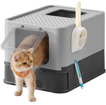 Feandrea Katzenklo, Katzentoilette, mit Deckel, ausziehbares Tablett, Schaufel, Bürste, für Katzen bis 15 kg, weniger Spuren, auslaufsicherer Boden, anthrazitgrau-Taubengrau PPT001B01