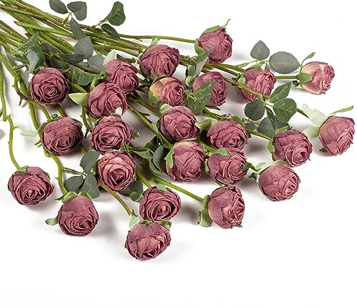DuHouse 24pcs Artificial Silk Roses with Long Stems – Vintage Style Fake Rose Flowers for DIY Bouquets, Wedding Centrepieces, Party or Home Decoration(Dusty Rose)