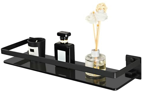 SAYAYO Black Bathroom Shelf Wall Mounted Tempered Glass Shelf, Shower Storage Matte Black with SUS304 Stainless Steel Rail for Kitchen, 38CM Length