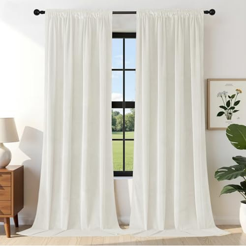 Joydeco Tende per Interni Velluto Oscuranti L 140 x A 260 Termiche Tenda con Tasca Termica per Interni 2 Pezzi Oscurante Anelli per Interni Bianco Avorio
