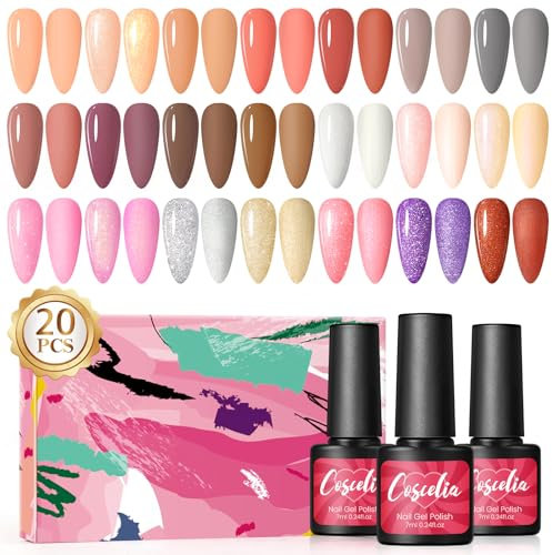 COSCELIA 20PCS UV Nagellack Set, Rot Rosa Nude Weiß Braun Gold Glitzer Gel Nagellack UV/LED Soak off Manicure Gel