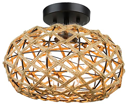 HOMSFOU Plafonnier Rustique en Métal Design Tressé en Corde, Compatible E26/e27, Luminaire Encastré pour Salon ou Salle à Manger D'hôtel