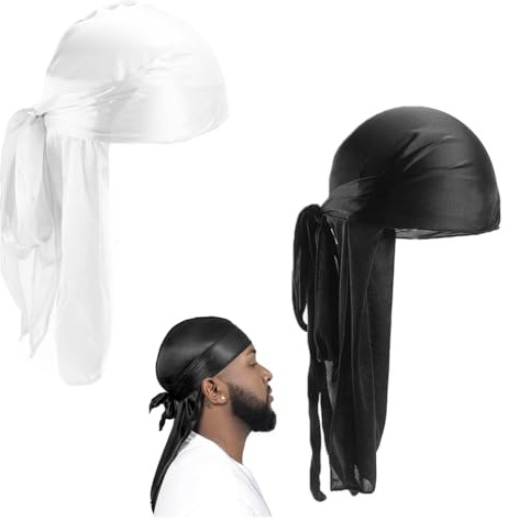 2PCS Pañuelo Cabeza, Durag de Seda Gorro de Onda Elástico Envoltura de Cabeza con Cola Larga Correas Anchas Unisex Poliéster Turbante Sedoso Durag de Onda Transpirable Pirata Cap de Hombres Mujeres
