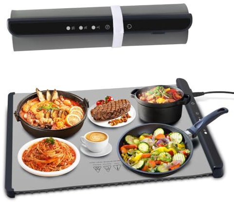 Food Warming Mat, Electric Warming Tray with 5 Temperature Settings(60-100℃), 4 Timers, Child Safety Lock, Roll Up Heated Mat for Buffet Party Home, Easy to Clean, UK Plug, 62 * 38 * 0.8cm (Grey)
