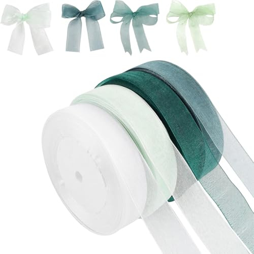 Duoleimi Cintas de Regalo Cinta de Seda Cinta Ancha Set - 4 Rollos 45m Cinta de Gasa Cinta de Organza Cinta Raso Verde Boda Cintas para Manualidades en Verde Agua,Verde Oscuro, Verde grisáceo, Blanco