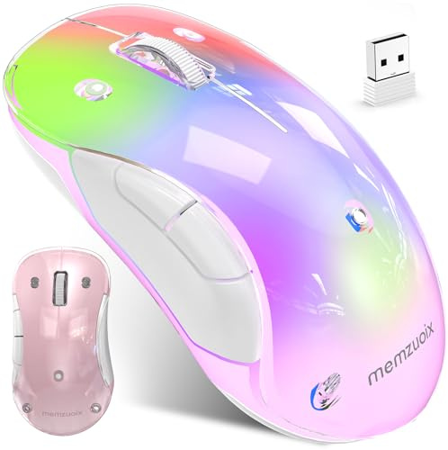 memzuoix LED Wireless Mouse – Rechargeable 2.4G Optical Mouse with Magnetic Cover, Soft RGB Lighting, 1400 DPI, Ergonomic Cordless Design with USB Receiver for Laptop, PC & MacBook - Pink