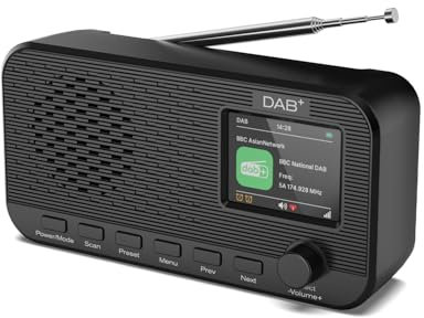 OiDiPi Radio DAB avec Bluetooth, radio numérique FM rechargeable, à piles, radio portable DAB+, radio de cuisine avec 80 préréglages, écran couleur de 2,4 , double réveil, minuterie de veille