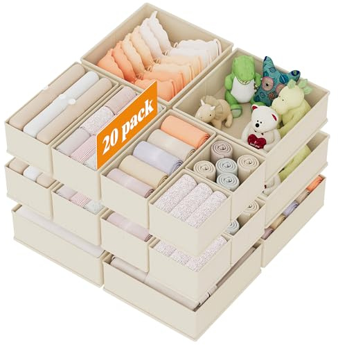 XIVIRACK 20 Pack Drawer Organizer for Clothes, Underwear Drawer Organizer Bins, Foldable Fabric Closet Storage Organizers, Drawer Dividers for Bras Undies Socks Ties, Beige