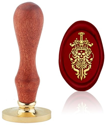 Hobbspring Sceau de cire en forme de crâne squelette - Enveloppes remplaçables - Tampon 3D Relievo ovale en laiton avec poignée en bois pour Halloween, fête gothtique, carte d'invitation, décoration