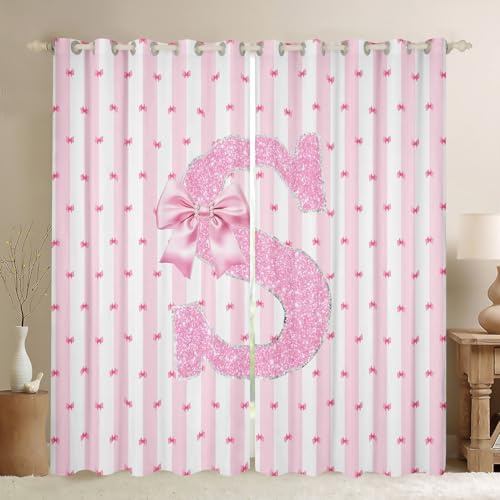 Homewish Cortinas opacas con letra S inicial, cortinas de ventana con lazo rosa, juego de 2 paneles, cortinas románticas de ensueño con lazo para ventana, 167 x 183 cm, decoración de sala de estar de