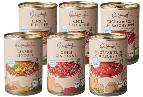 Reichenhof BIO-Eintöpfe 6er Box EASY VEGAN: Linsentopf(2X400g), Chili sin Carne(2X400g), Vegane Gulaschsuppe(2X380ml), 6er Pack