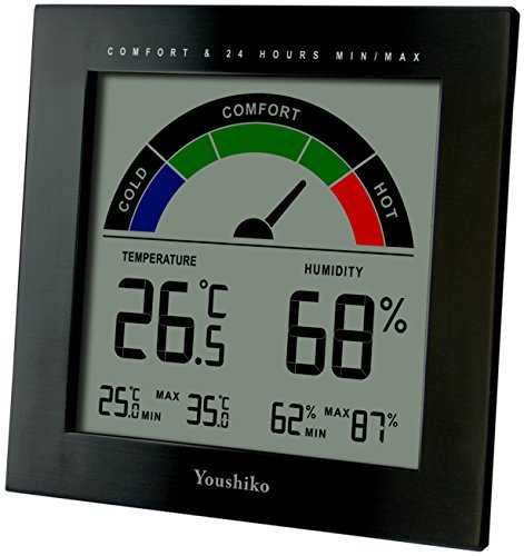 Youshiko Large LCD Digital Thermo-Hygrometer, Indoor Weather Thermometer Hygrometer Gauge, Monitor Temperature Humidity Meter for Home Office Comfort, Min/Max Records (24 Hour Auto Reset)